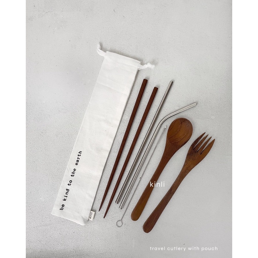 wooden cutlery set eco friendly sendok garpu kayu sumpit sedotan pouch