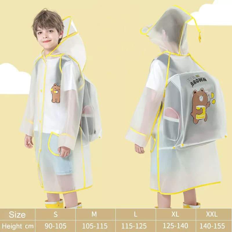 Jas Hujan Ponco Transparant Anak Gambar Boneka Line Brown Mantel Tas
