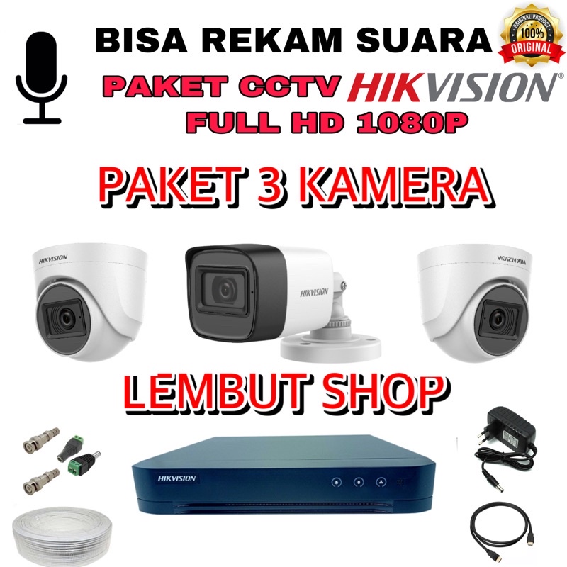 (audio) Promo paket camera cctv 3 kamera hikvision 2mp audio built in mic 1080p 4 channel ch bisa rekam suara 4ch 4channel 2 mp megapixel original murah