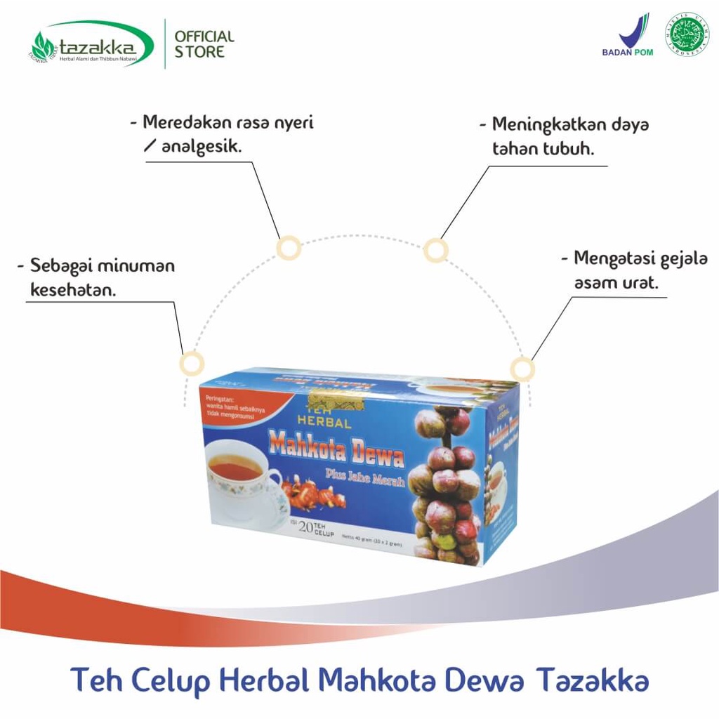 

TEH MAHKOTA DEWA ASLI TAZAKKA ISI 20 TEH CELUP MAHKOTA DEWA digunakan untuk mengobati penyakit-penyakit berat seperti Kanker tumor hipertensi Asam urat rematik migrain Menghilangkan gatal (antipriritas) Mengobati lever infeksi hati