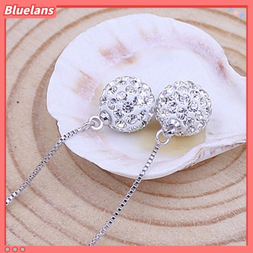 Anting Panjang Menjuntai Bentuk Bola Berlian Imitasi Lapis Perak Untuk Wanita