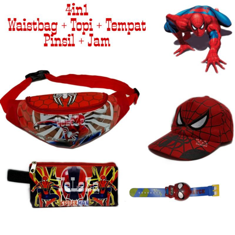 Waist bag anak karakter spiderman bonus topi bordir + tempat pinsil + jam tangan