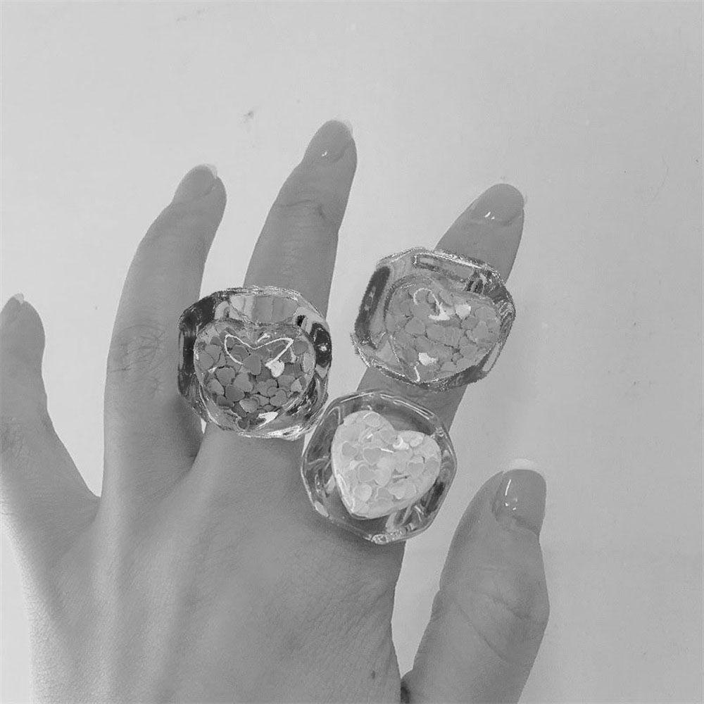 Mxbeauty Cincin Wanita Gadis Korea Cinta Hati Transparan Resin Akrilik Chunky Fashion Perhiasan