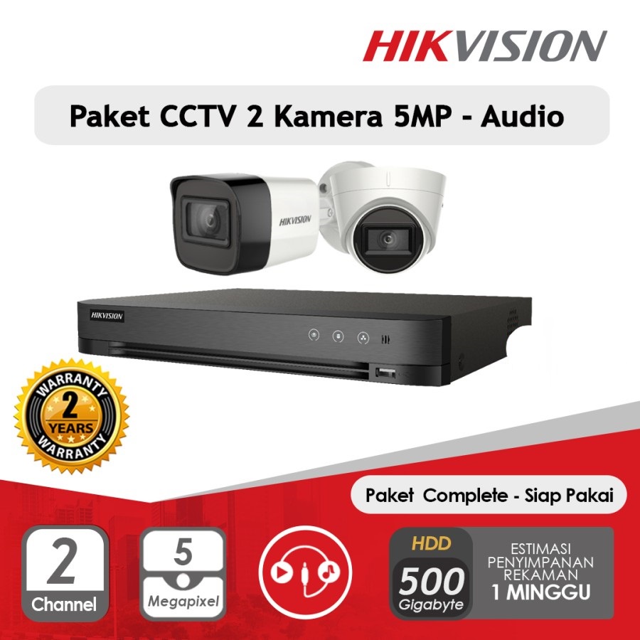 PAKET CCTV HIKVISION 5MP AUDIO 2 KAMERA HDD 500GB SIAP PASANG