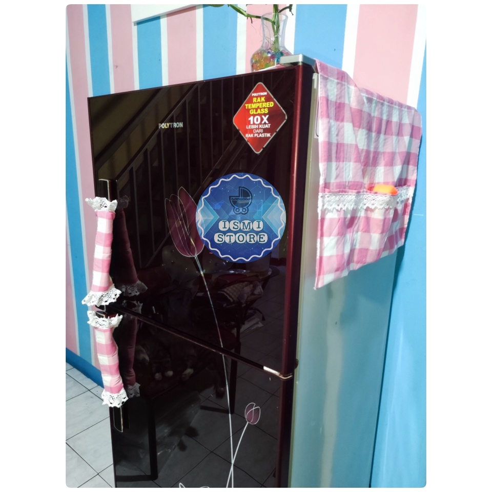 Paket Hemat TAPLAK KULKAS dan SARUNG PEGANGAN PINTU KULKAS Estetik Motif Kotak-kotak Gingham Ala Korea Bahan Katun