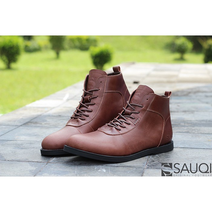 Sepatu Boots Pria Sauqi NVM Racing Brown Kulit Casual Kerja Kantor