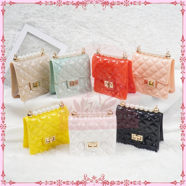 Tas Jelly Mini Mutiara Segi Pearl | Tas Jelly Mini Glossy Mutiara | Tas Ready Selempang Wanita