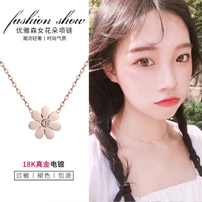 256# Kalung Wanita titanium lapis emas 18k model Tumbungan Bunga Kecil rosegold-4