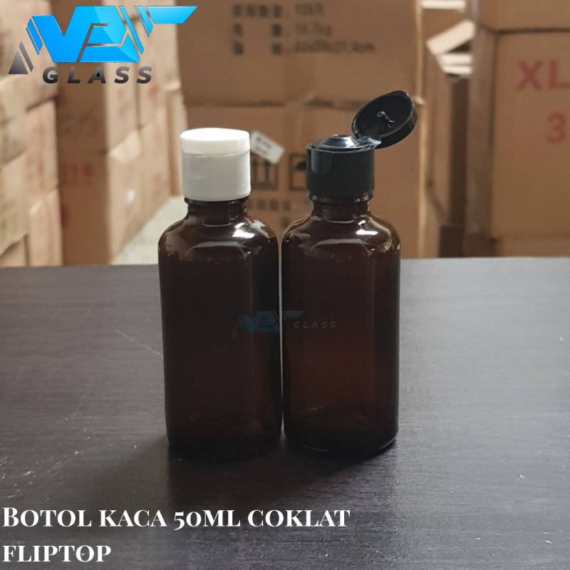 botol kaca 50ml coklat amber tutup fliptop