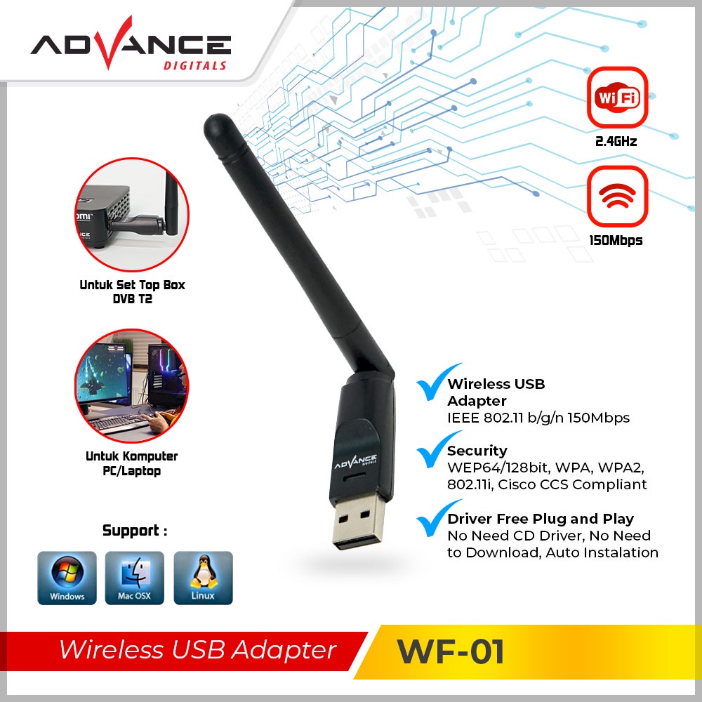 Advance Digitals USB Dongle Wifi Wireless Adapter Receiver WF-01