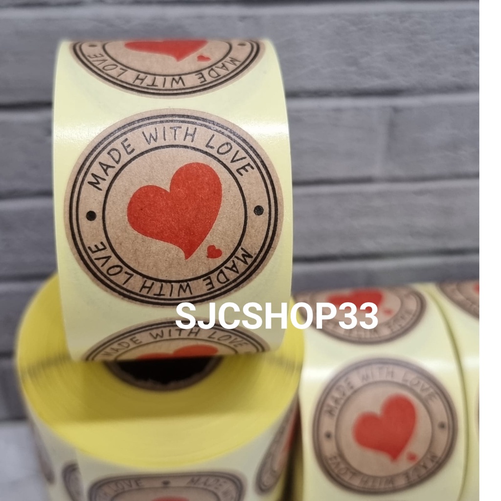 1 roll isi 350 pcs sticker label thank you kraft made with love 3,8 cm