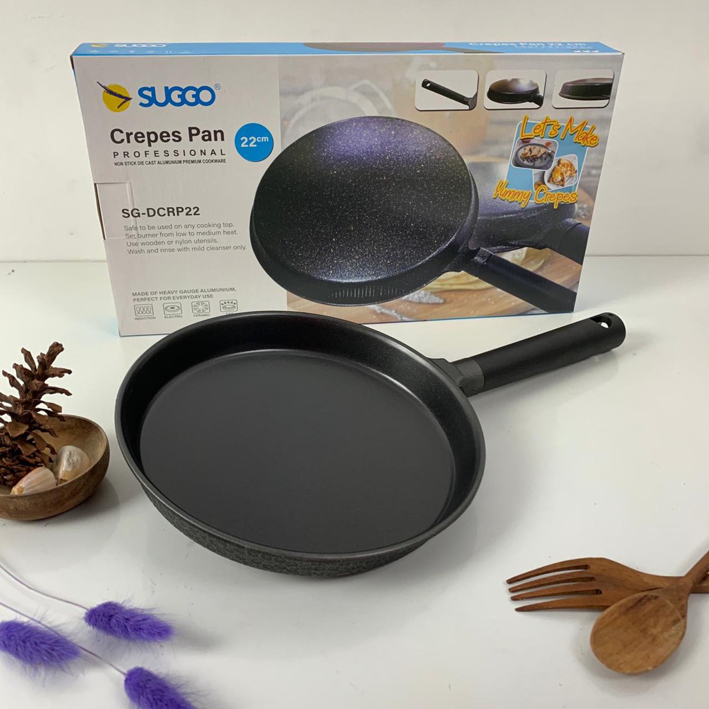 Suggo Crepes Maker 22 CM Gagang Kayu Wajan Kwalik Crepe Teflon Cetakan Kulit Lumpia Risoles Leker Anti Lengket