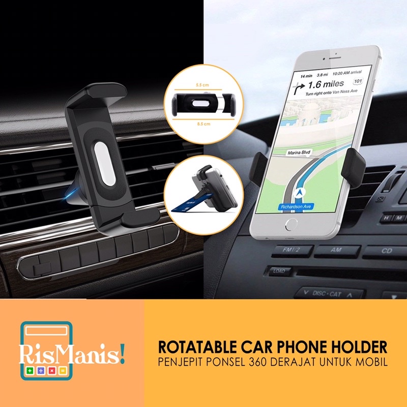 ROTATABLE CAR PHONE HOLDER - Penjepit Penahan HP Ponsel MP3 GPS AC Mobil Serbaguna Rotasi 360 Awet