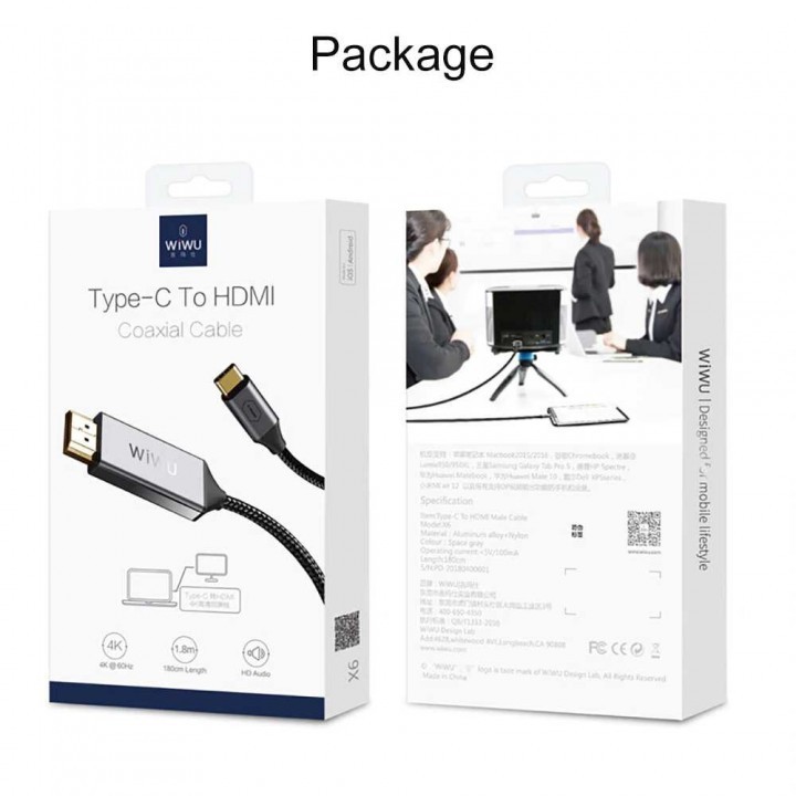 WIWU X9 Type-C to HDMI Male - HD 4K Coaxial Cable Adapter - 2M