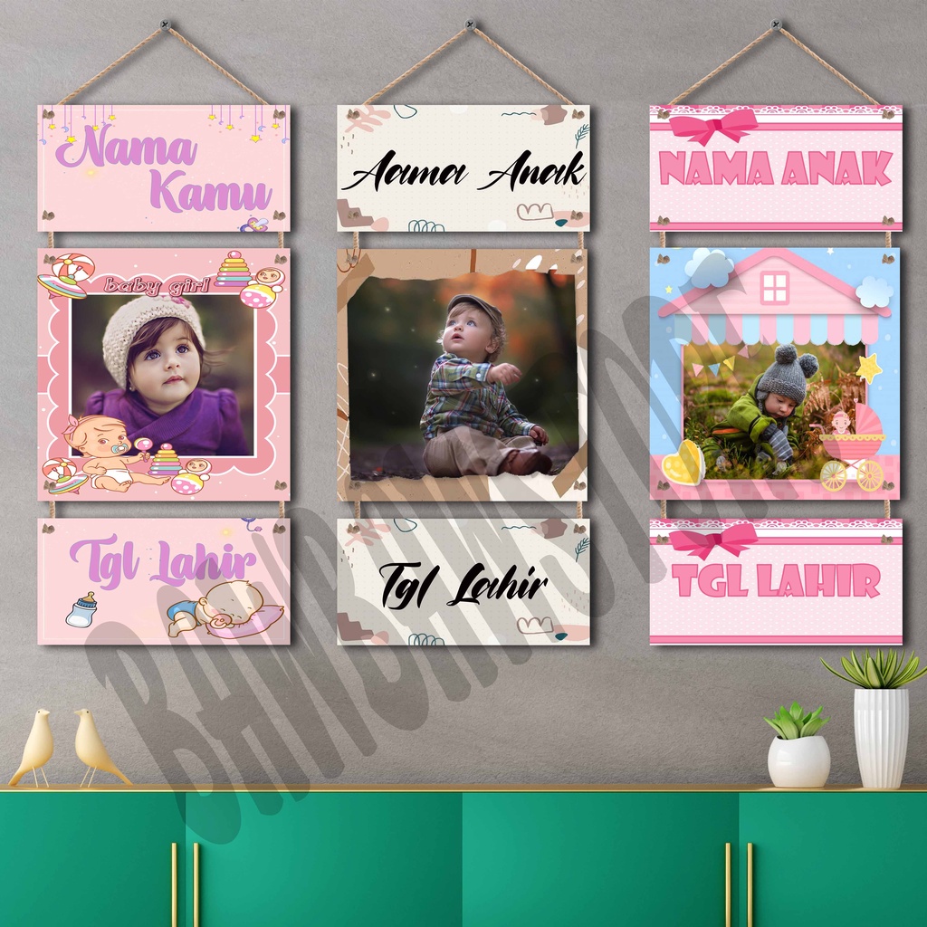 Hiasan dinding custom nama foto dan tanggal lahir media papan MDF dan tali macrame wall decor