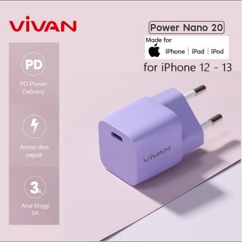 Vivan Power Nano Charger PD 20 W for IPhone 13 12 11 8 Pro X Xr Xs Ipad