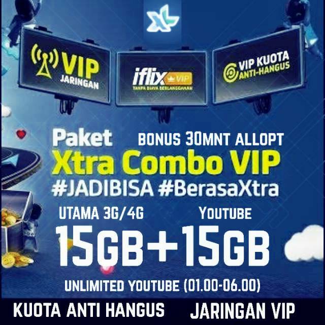 Kuota murah XL Xtra Combo VIP 15+15 Unlimited youtube