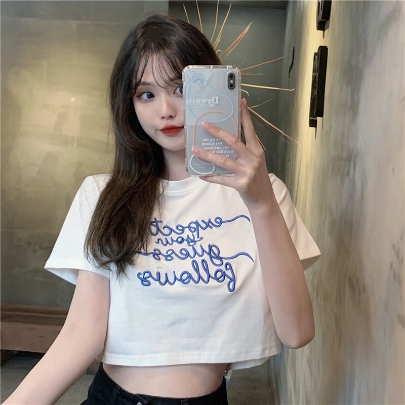 LuvHanger Sale Tshirt Crop Top Wanita / Korean Crop Top Motif Tulisan Bordir Tshirt Crop / Crop Tee 