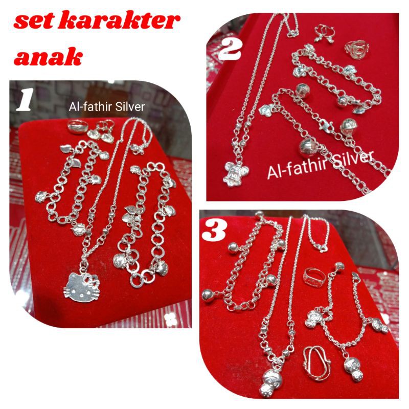 Set karakter anak kalung+gelang kaki+gelang tangan+anting+cincin perak murni 99