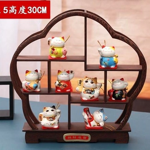 Set Rak Pajangan Kayu + 8 Kucing Maneki Neko Dekorasi Patung Hoki