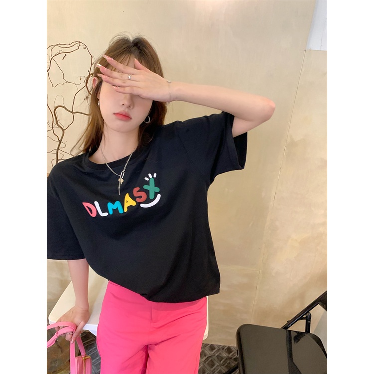 [100%  Katun]Colour Letters Kaos Oversize Kekinian Lengan Pendek Korean Style Printed T-shirt Baju Wanita Hitam