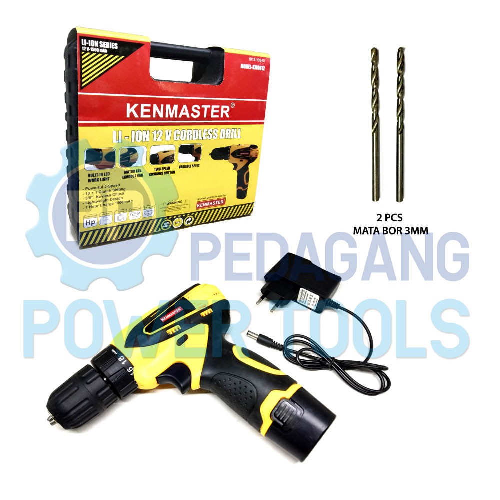 KENMASTER KM0612 BOR CORDLESS 12V &amp; 2 PCS MATA BOR BESI 3 MM MATABOR