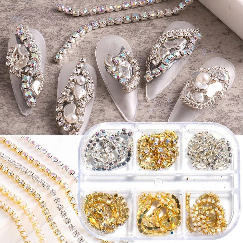 Siy 6pcs Rantai Berlian Imitasi 3d Bahan Metal Warna Silvergold Untuk Dekorasi Nail Art