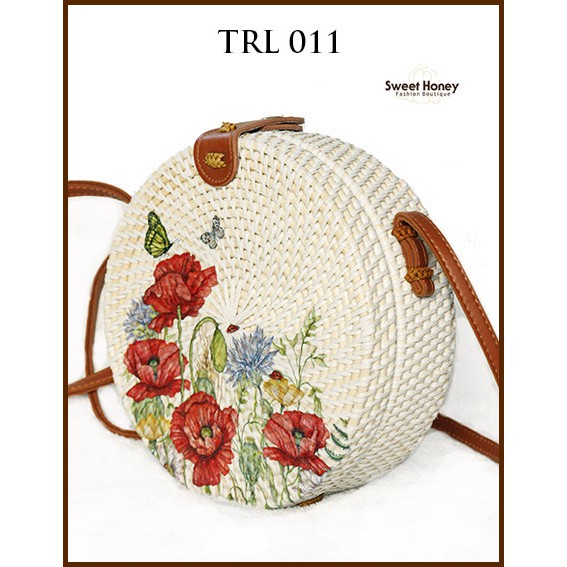 Sweet Honey ~ Grosir Tas Rotan Bulat Murah 20cm Lukis Decoupage Motif Bunga TRL011 [Bisa COD]