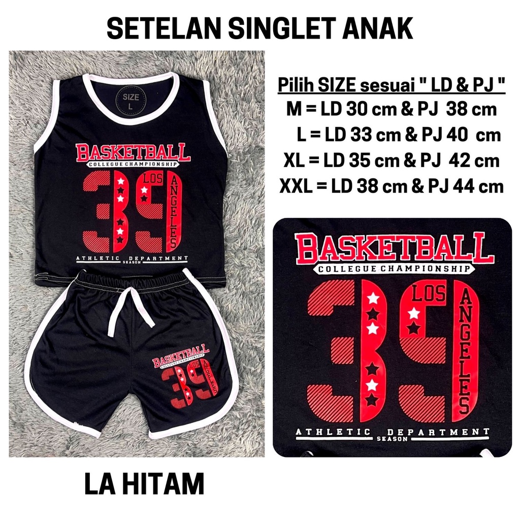 Setelan Anak Laki Laki Stelan Baju Kutung Lekbong Cowok Kaos Bola Basket Singlet Cowo Murah Celana Pendek Harian 3 4 5 6 Tahun Kode 14-14 LA HITAM