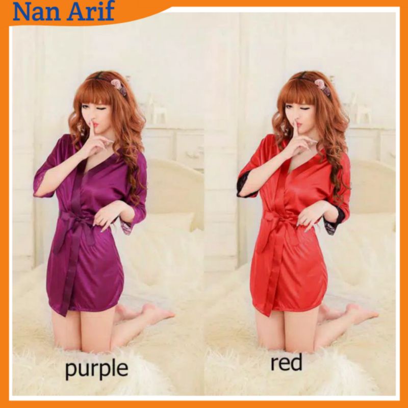 Set Lingerie Sexy + G String Model Kimono Bahan Satin