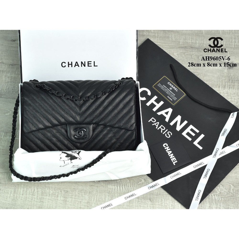 SUPPLIER TAS BRANDED Tas Chanel Chevron So Black Medium Caviar HITAM Semprem AH9605V-6