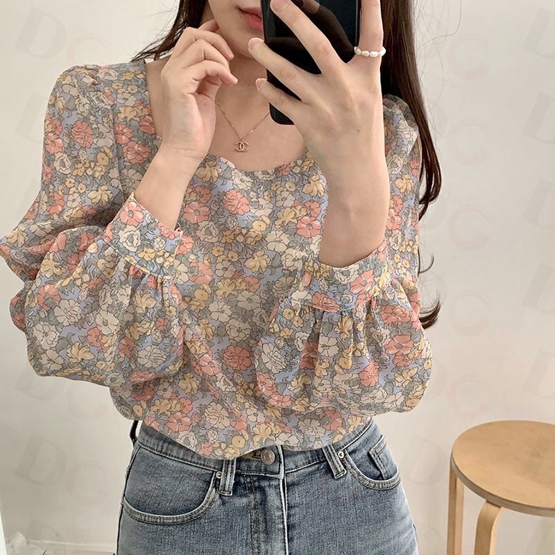 Bery Floral Puffy Blouse square neck blouse top flower bunga kerut korean vintage longsleeve blouse