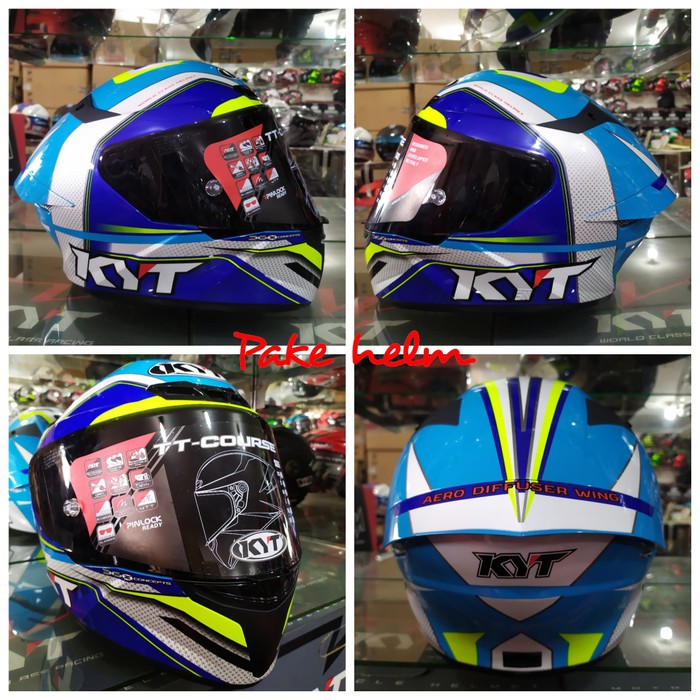 HELM KYT TT COURSE GRAND PRIX WHITE BLUE FLAT DARK SMOKE VISOR