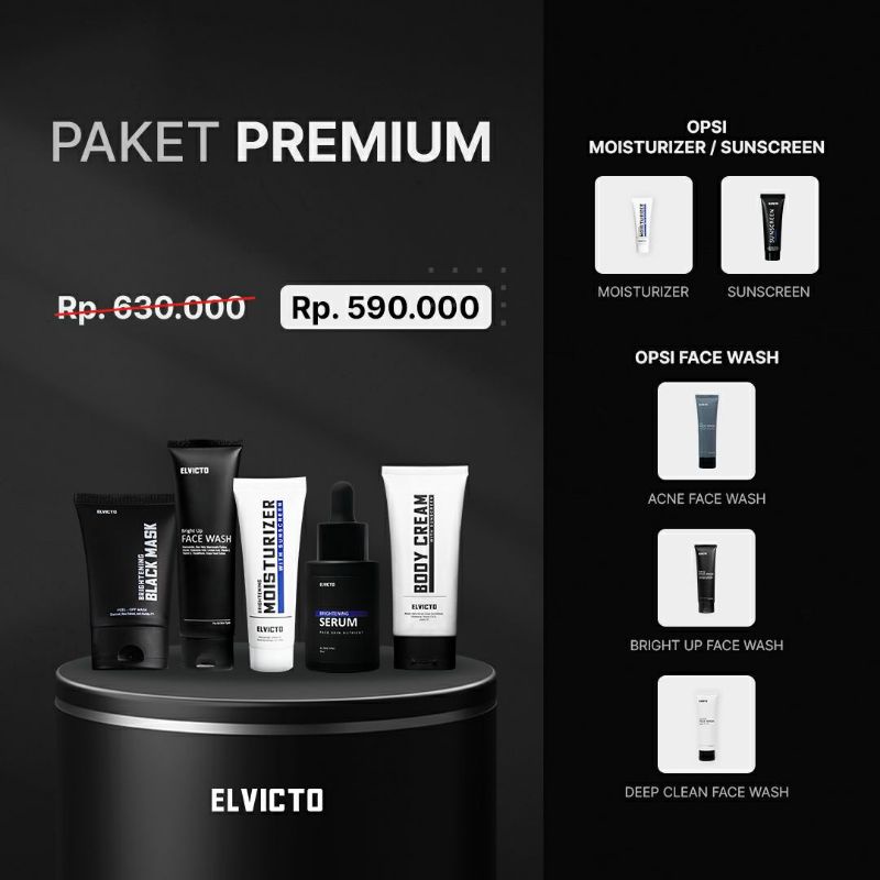 Elvicto Paket Premium + Elvicto Body Cream + Serum + Sunscreen/Moisturizer + Black Mask + Facial Was