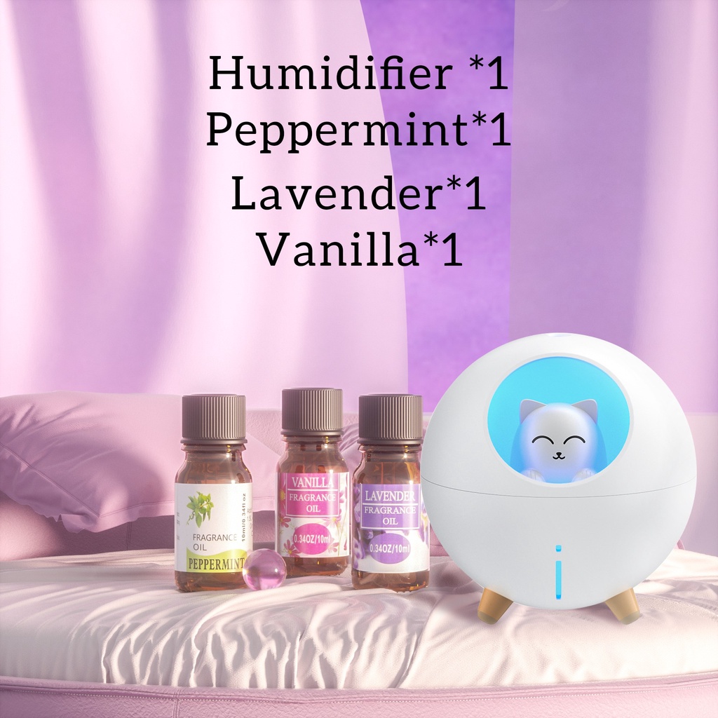 [endear]100% ORI anak kucing Humidifier 220ML Essential Oil Diffuser Aroma Terapi Pengharum Ruangan-White *1+OIL*3