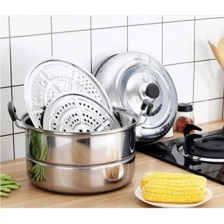 PROMO ZG-3/4 Panci Pengukus Diameter 28cm Dandang Stainless Streamer Frying Deep Pot 2 Tingkat Tutup Kaca Panci Rebus Laris_unik