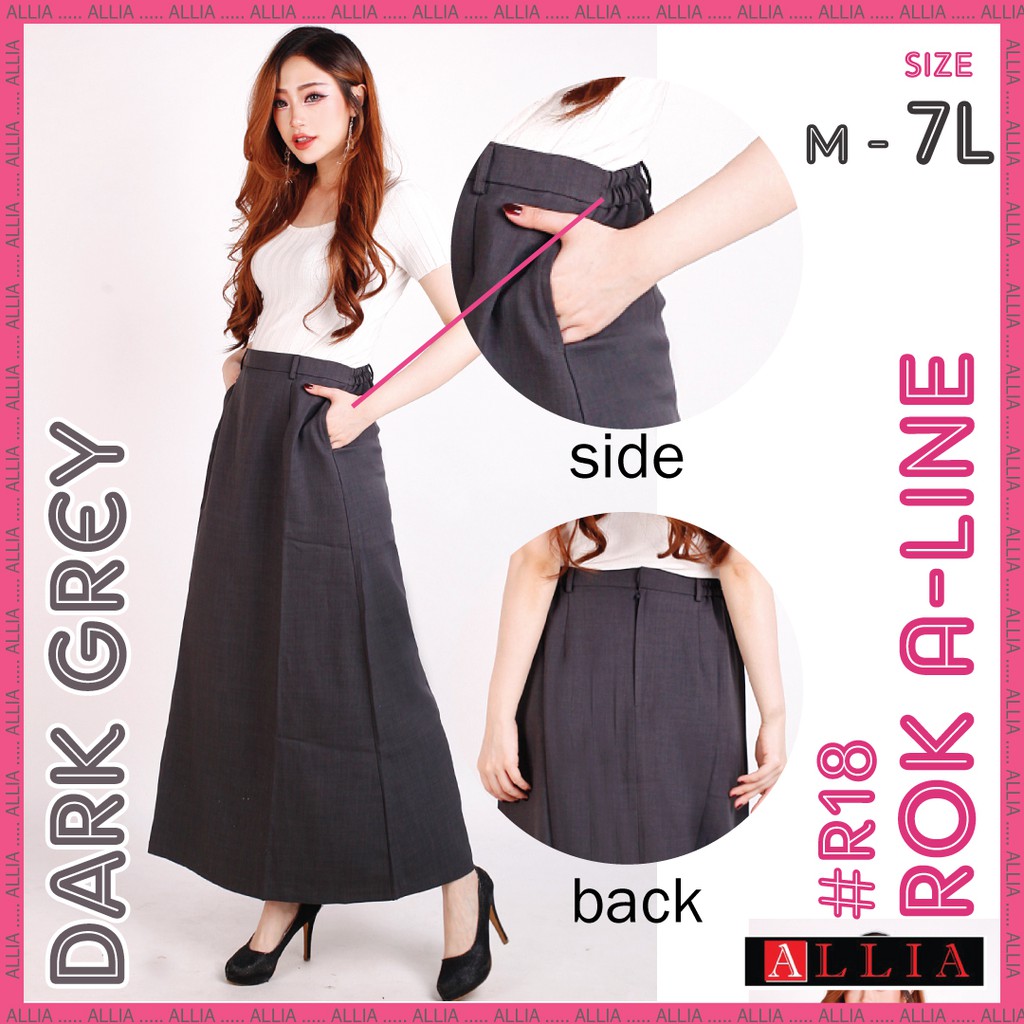 Rok A Line / ALLIA R18 Black M - 7L / Rok Payung Jumbo / Rok kerja Wanita-Rok A -R18 Dark Grey