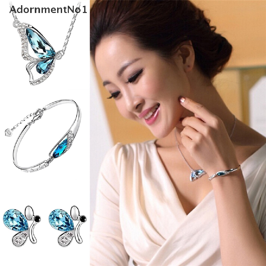 (AdornmentNo1) Set Perhiasan Kalung + Anting + Gelang Kristal Butterfly Untuk Wanita