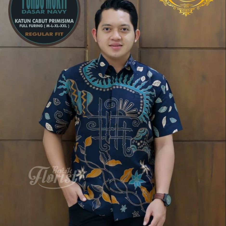 Kemeja Batik Lengan Pendek Batik Pendek Lapis Furing Hem Batik Kemeja Batik Warna Navy PURBO MUKTI