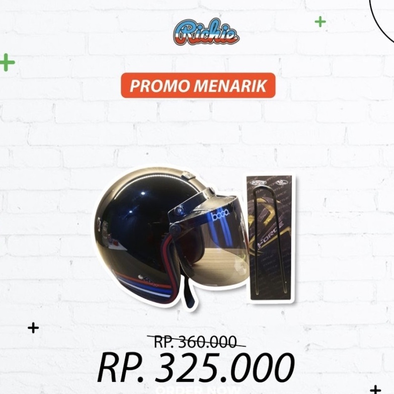 Paket Helm Bogo Retro Force Kaca Bogo Flat Ori Black Glos + Rak Helm