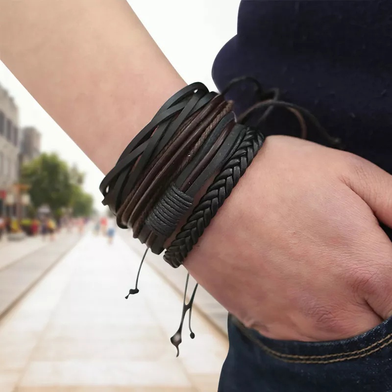 Gelang Tali ISI 4PCS AB17 Gelang Pria Wanita Fashion Casual Retro Woven Men Women Leather Bracelet Jewerly ACC