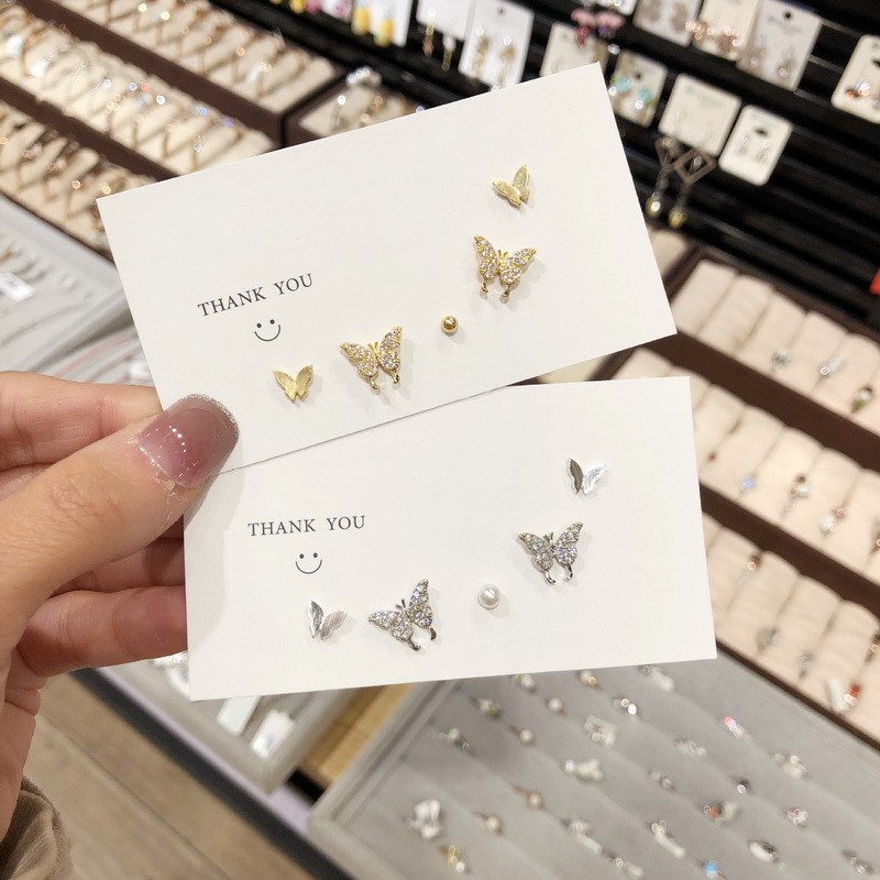 Set Anting Stud Desain Kupu-Kupu Bintang Full Berlian Untuk Wanita