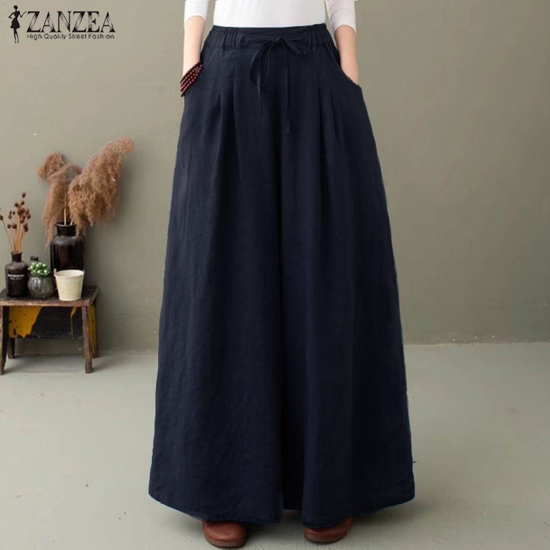 ZANZEA Women Elastic Waist Solid Color Wide Leg Casual Loose Pants