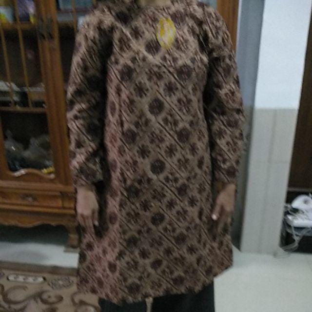 Batik Edo - Couple Tunik Sogan Serut Genes Apsari Coklat Batik Modern Midi Sarimbit Kerja Seragam