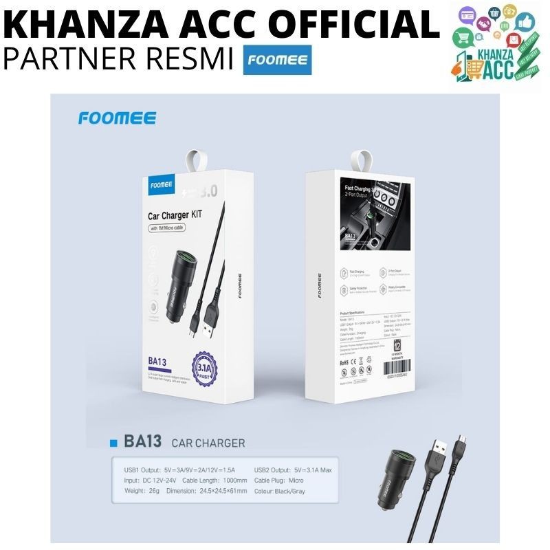 KHANZAACC Foomee BA13 Car Charger Mobil Dual USB Output Fast Charging QC3.0