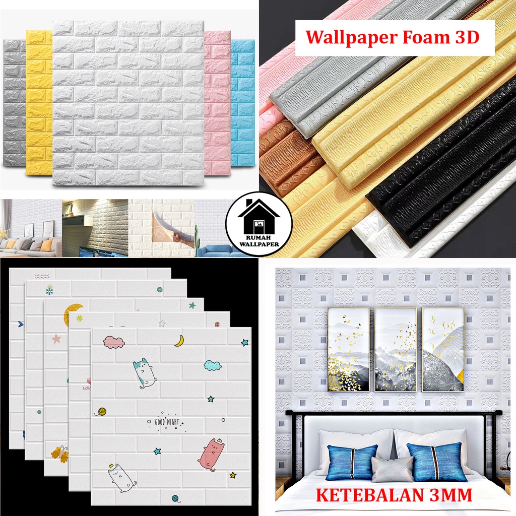 RW Wallpaper 3D Foam Sticker Warna Premium Wall Paper Batik List Bata Warna Karakter Tebal 3MM Wallp