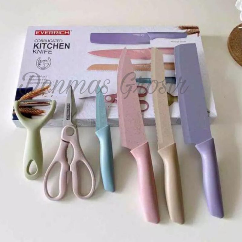 (COD) Pisau Set jerami lengkap 6Pcs / Pisau warna / Pisau Dapur / Pisau Murah