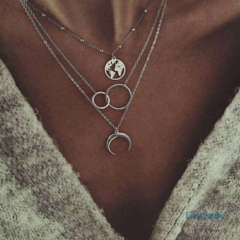 Fancyqube Kalung Multilayer Liontin Bulan Peta Dunia Warna Emas Gaya Retro Untuk Wanita