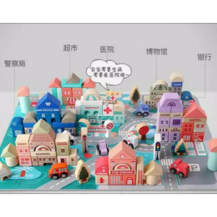 Mainan balok kayu magic color city building block 115 pcs