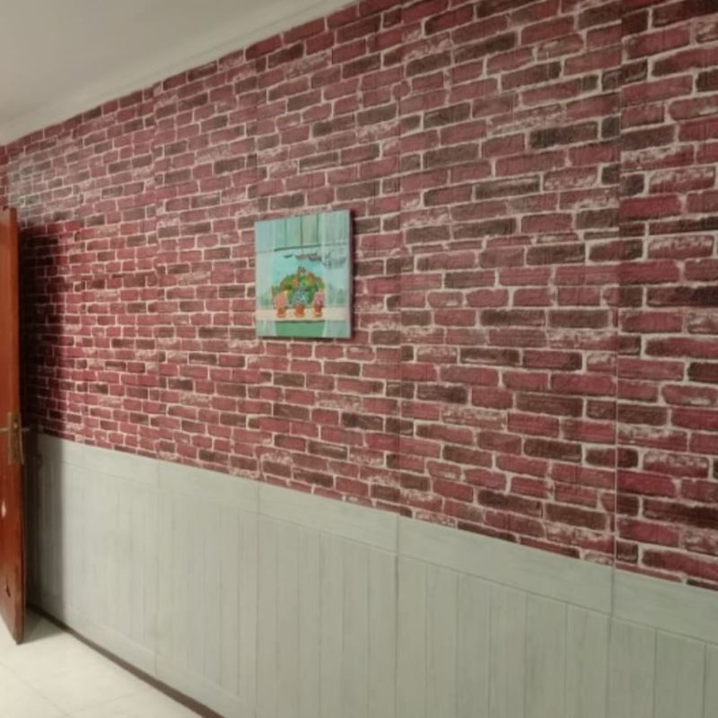 wallpaper foam sticker 3D permukaan timbul motif bata merah klasik